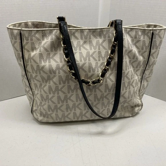 Michael Kors Harper MK‎ Signature Chain Tote Purse White/Blk With MK Wallet - Picture 13 of 16